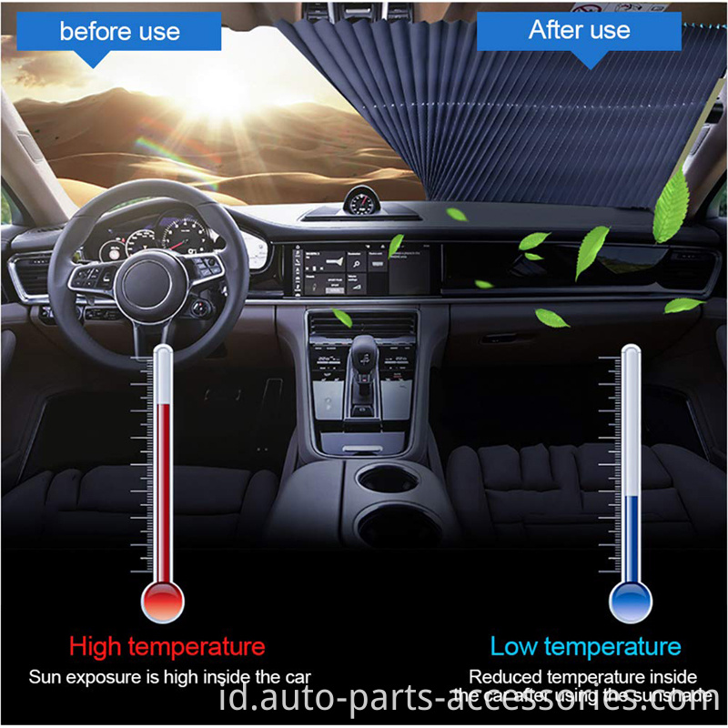 Kurangi mobil di dalam suhu matahari tahan kaca kaca depan retractable aluminium mobil tirai matahari